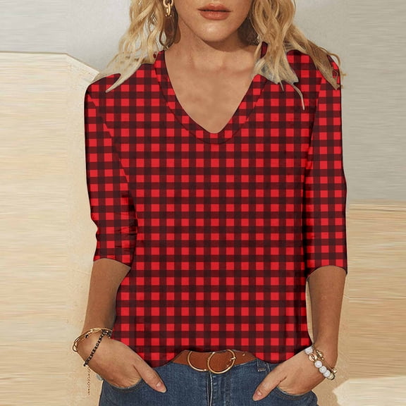 Qulqfy Women Tops Spring Gingham Plus Size 3/4 Sleeve Shirts V Neck Fall Dressy Casual Plaid Tops Womens Blouses L
