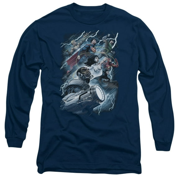 JLA Justice League Ride The Lightening Long Sleeve Adult 18/1 T-Shirt Navy