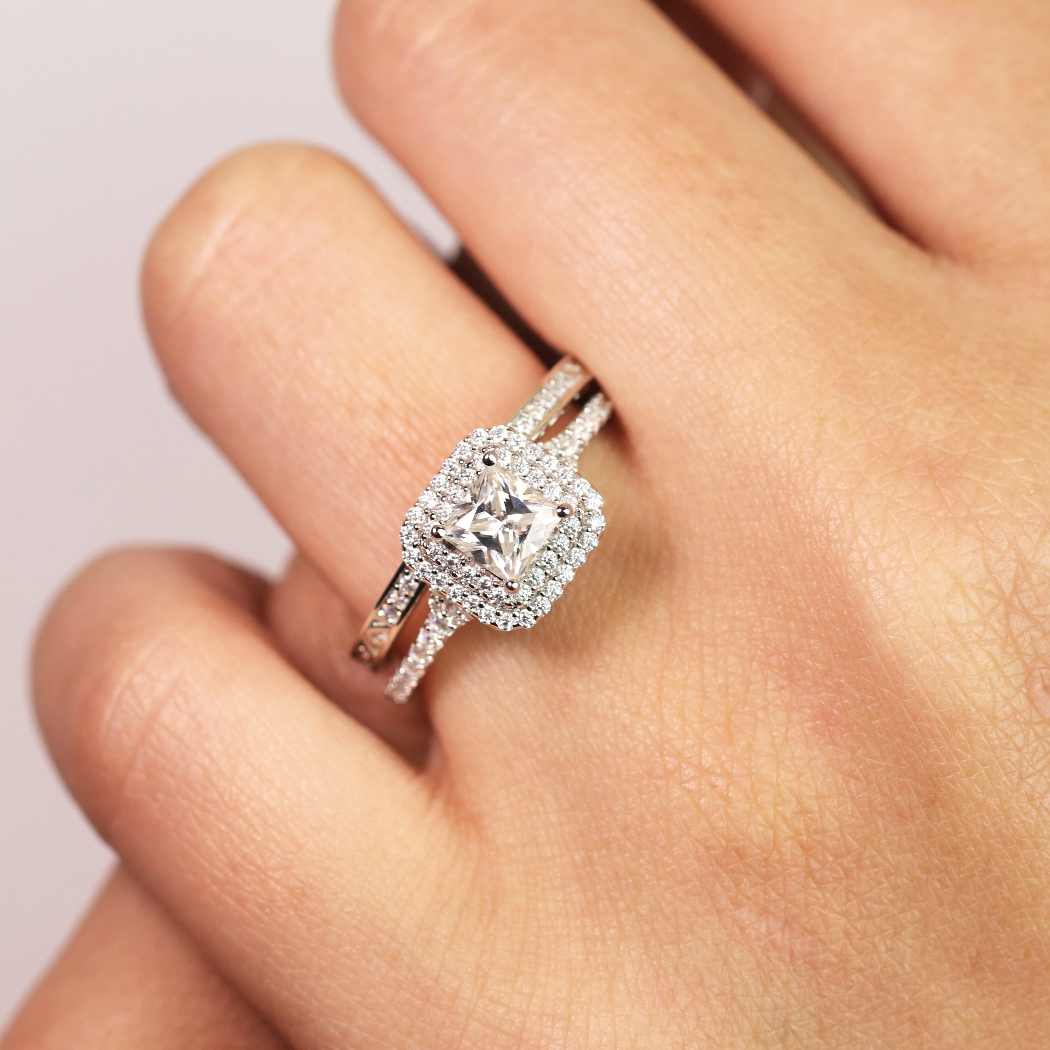 JeenMata 1.75 ct - Square Cut Moissanite - Pave Set - Split Band - Double Halo Engagement Ring - Bridal Set - 18K White Gold Plating for Women