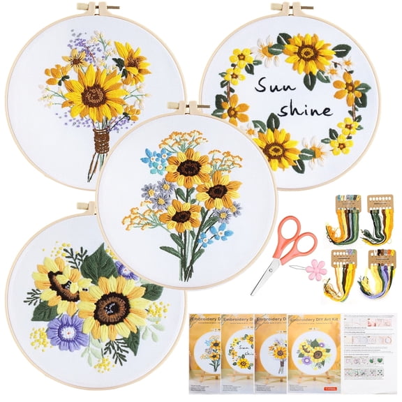 ZYNERY 4-Pack Sunflower Embroidery Kit for Beginners - Complete Starter Set with 4 Patterns, Hoops, Threads, Needles Bonus Scissors, Threader & Ripper - DIY Cross Stitch Craft for Adults