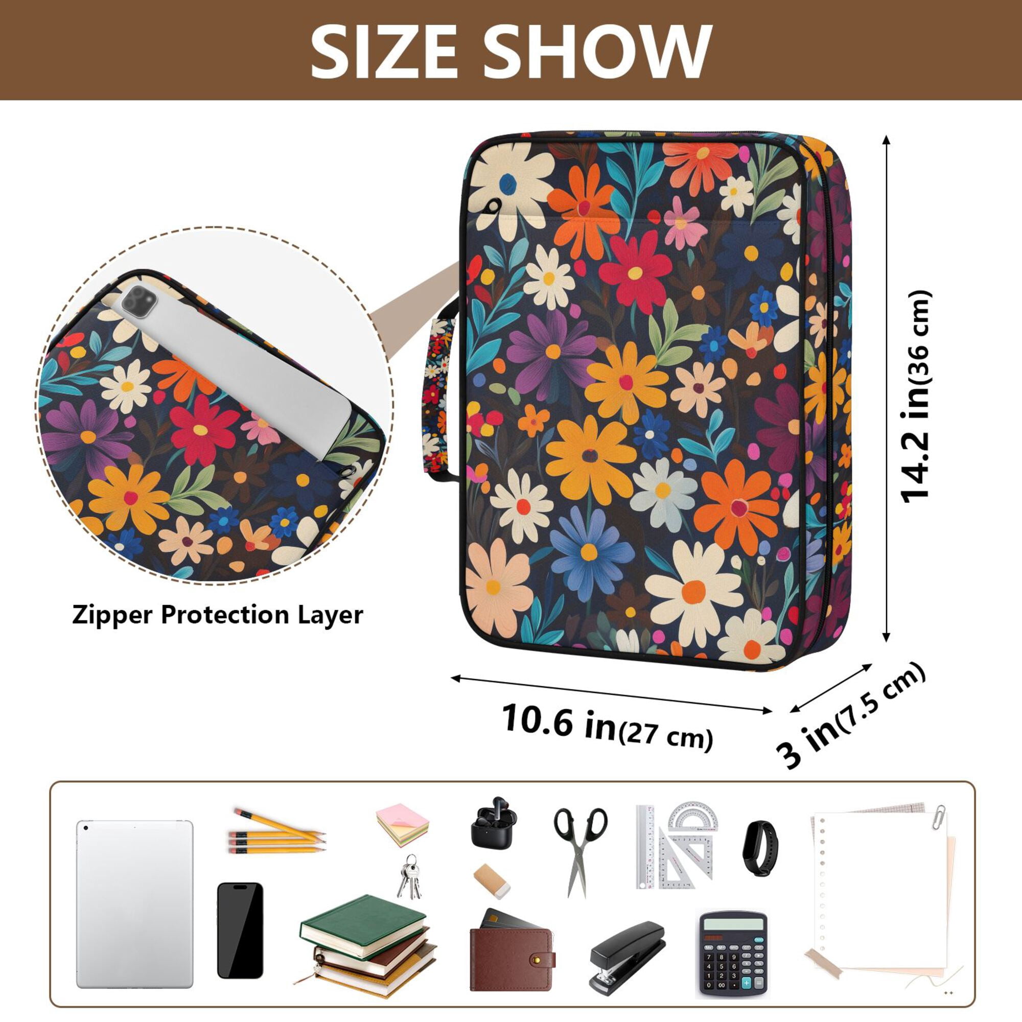 FORMRS Accordion File Folder A4 Size 7-Pocket Expanding Document Organizer Bag with 3 Ring Binder, Bright Colorful Flowers Pattern