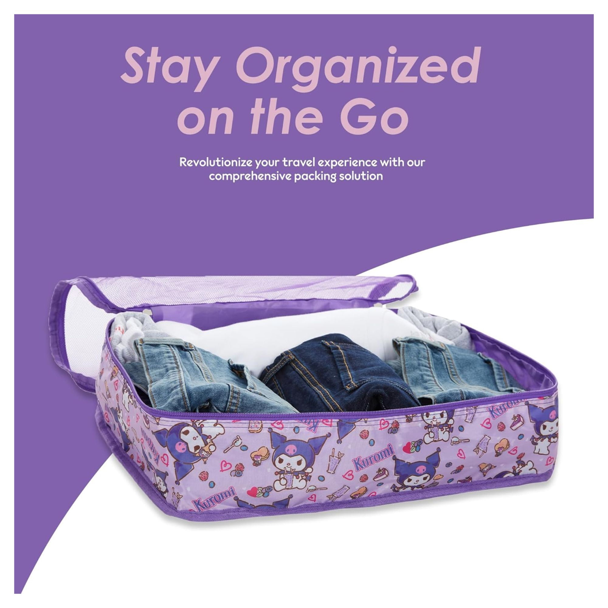 Sanrio Hello Kitty Kerromi Packing Cubes, 5 Piece Set Travel Organizer for Kids and Adult Purple