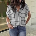 thumbnail image 4 of sunsanly Lapel V Neck Short Sleeve Women Shirt Summer Plaid Print Patch Pocket Casual Shirt Streetwear, 4 of 8