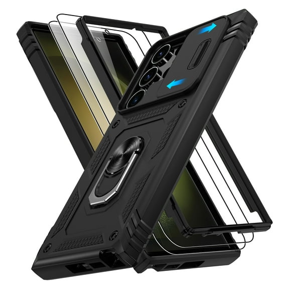 Jshru for Samsung Galaxy S23 Ultra Case with Slide Camera Cover | 2Pcs Screen Protector, 360°Rotation Ring Kickstand Drop Protector Cover for Galaxy S23 Ultra, Black