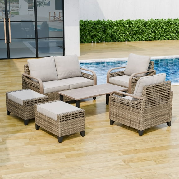 INTER HUT Modern Wicker Patio Furniture Set, Rattan Outdoor Conversation Set with Comfortable Cushions, 2 Patio Chairs, 2 Seat Loveseat, 2 Ottomans and Coffee Table, 6 Pieces, Brown/Gray