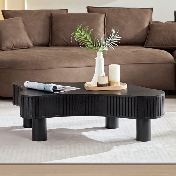 Kevinplus 42.52 Inch Modern Wooden Handcraft Drum Coffee Table Irregular Shaped Coffee Table for Living Room,Small Coffee Table with Sturdy Pedestal,Black