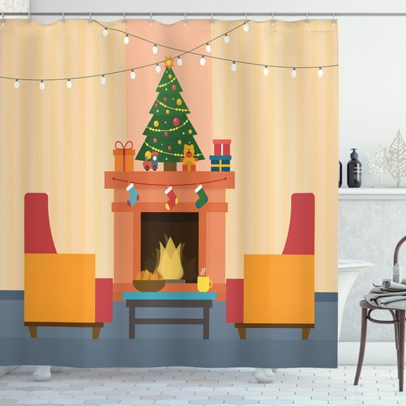 Fireplace Shower Curtain, Christmas Themed Cartoonish Interior Design with Tree Log Fair Gifts and Seats, Fabric Bathroom Set with Hooks, 69W X 84L Inches Extra Long, Multicolor, by Ambesonne