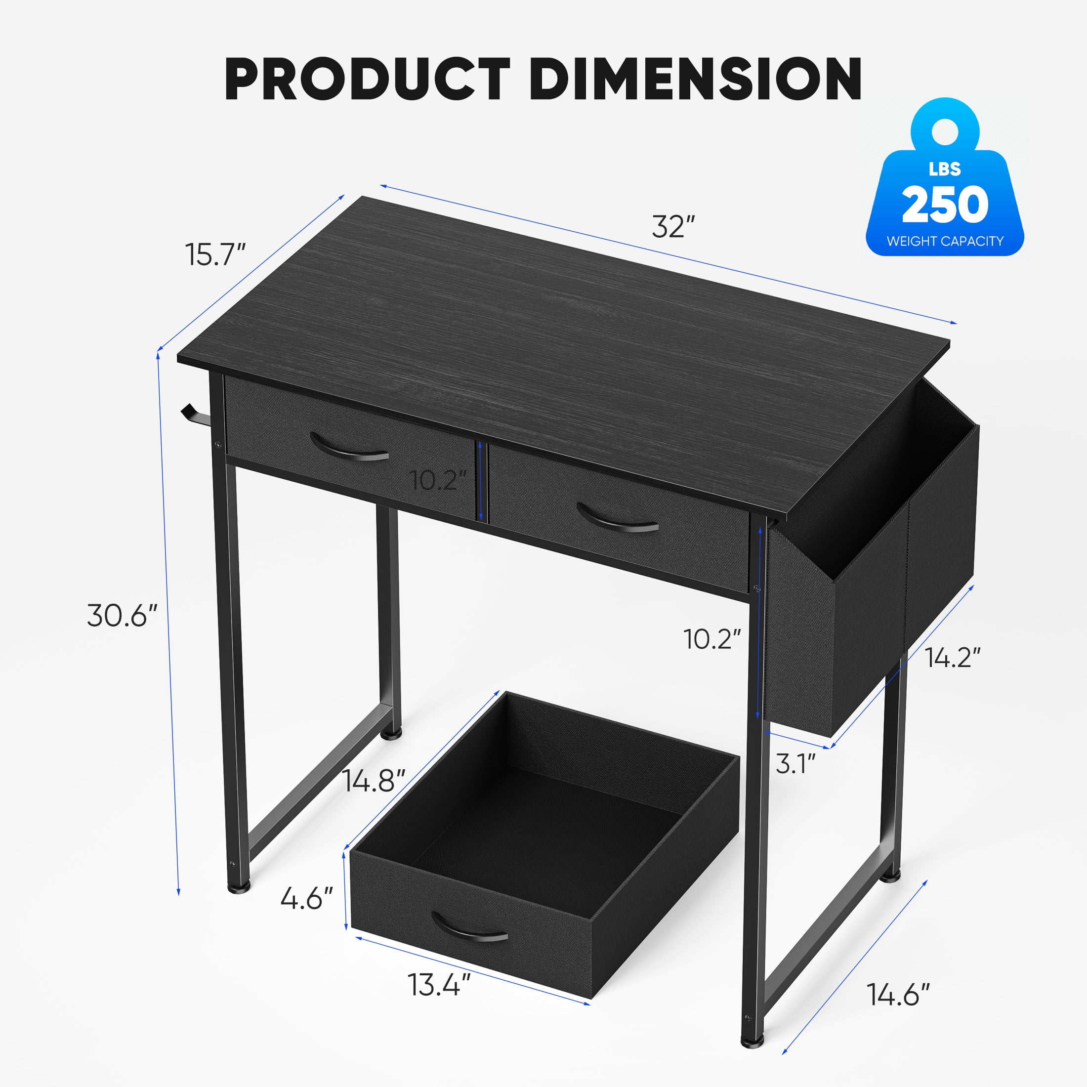 JIOABL Small Desk with 2 Drawers 32 Inch Bedroom Kids Student Vanity Home Office Computer PC Table with Fabric Storage Bag, Study Writing Wood Deskboard for Small Spaces,Black
