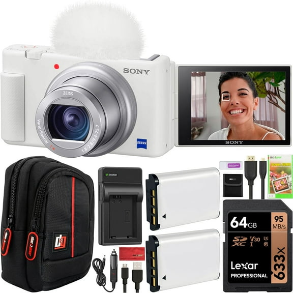 Sony ZV-1 Compact Digital Vlogging 4K Camera for Content Creators & Vloggers DCZV1/W Double Battery Bundle With Deco Gear Case   64GB Card   External Charger and Accessories