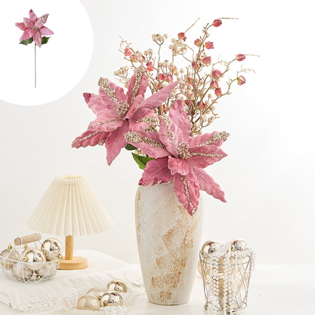 Flor artificial de Navidad grande con tallos y hojas, arreglo floral, decoraciones navideñas, árbol de Navidad, corona navideña, decoración, florero, corte, corte