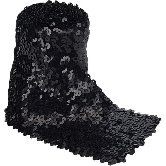 2.5 Yards Black Elastic Sequin Ribbon 4 inch Wide Black Metallic Stretch Trim Sequins Ribbon Bling Paillette Lace Trim for Dress Headband DIY Sewing Craft Supply Ornament Accessories