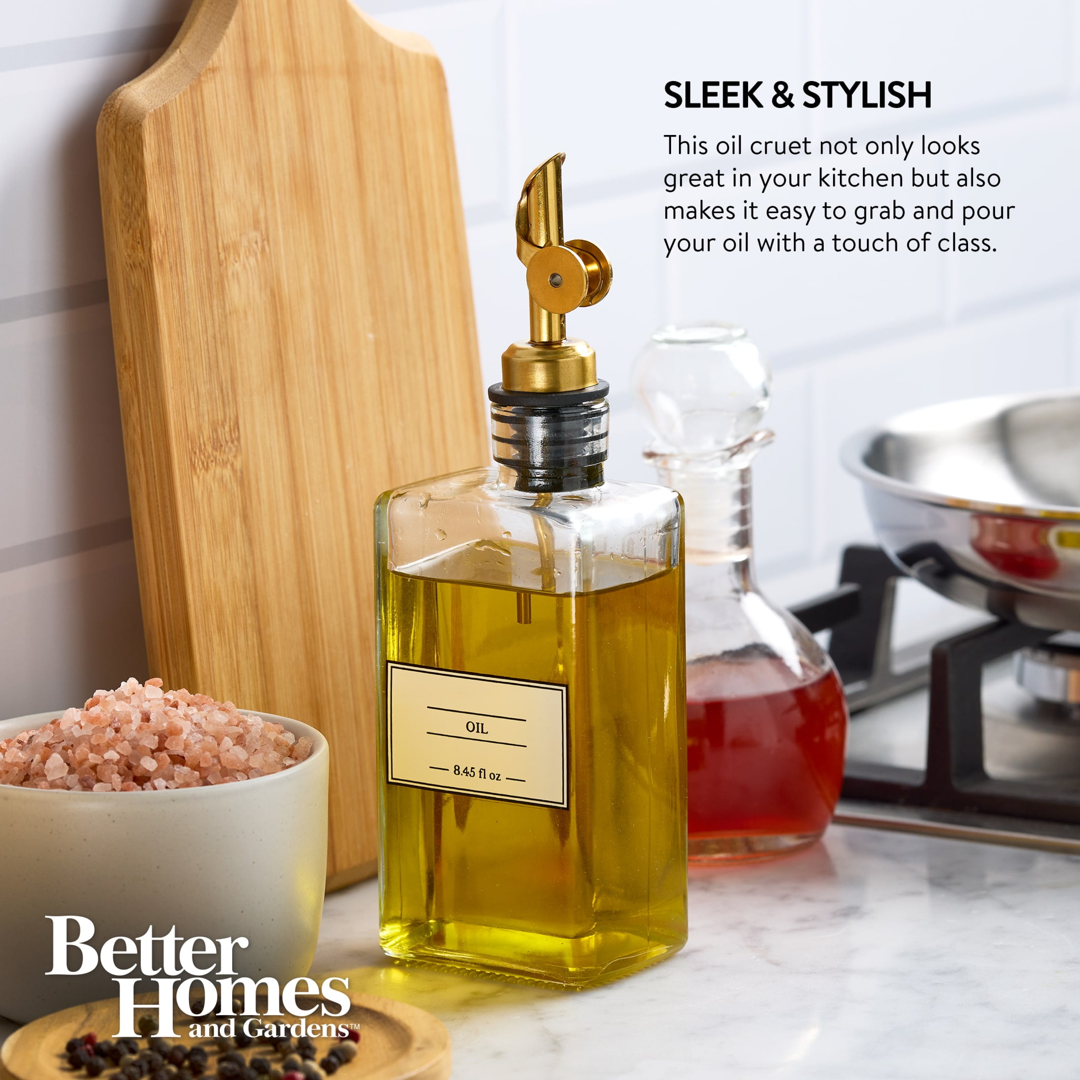 (2 pack) Better Home & Gardens 8.45 oz Unfilled Glass Oil Cruet Bottle with Gold Spout, A Practical Choice for Seasoning Storage and Serving