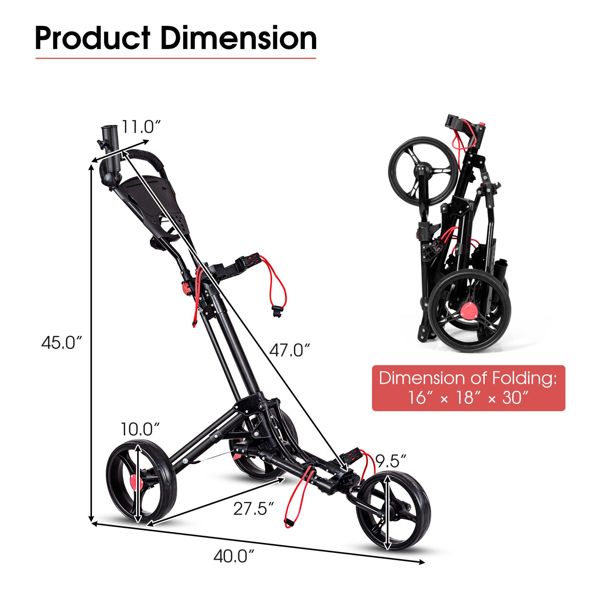 Costway Foldable 3 Wheel Steel Golf Pull Push Cart Trolley Club w ...