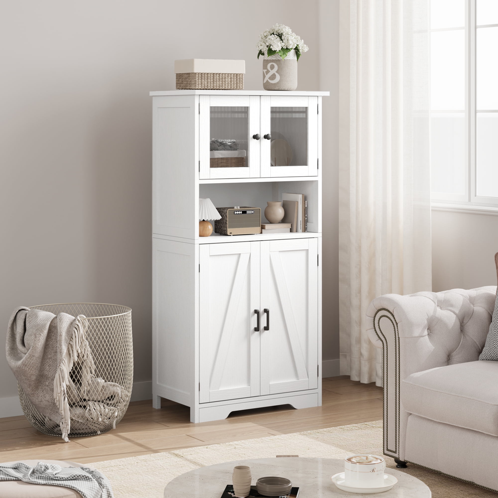 Roromall Farmhouse Storage Cabinet with Glass Doors and Adjustable Shelves, Freestanding Kitchen Pantry Cabinet, Cupboard Floor Cabinet for Living Room, Dining Room