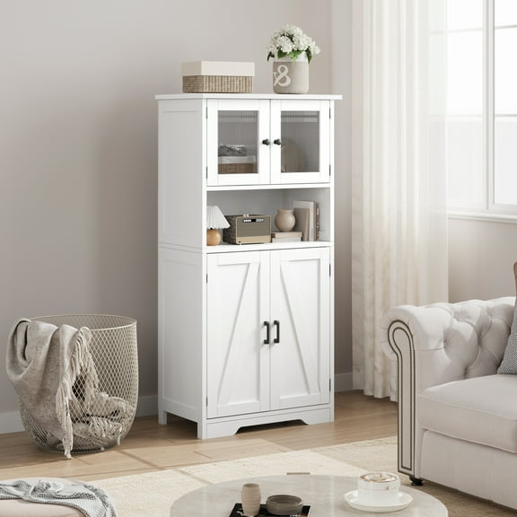Tuekys 50" Bathroom Cabinet, Freestanding Floor Linen Storage Cabinet, Kitchen Pantry Storage Cabinet with Glass Doors & Adjustable Shelves, Standing Cupboard,White
