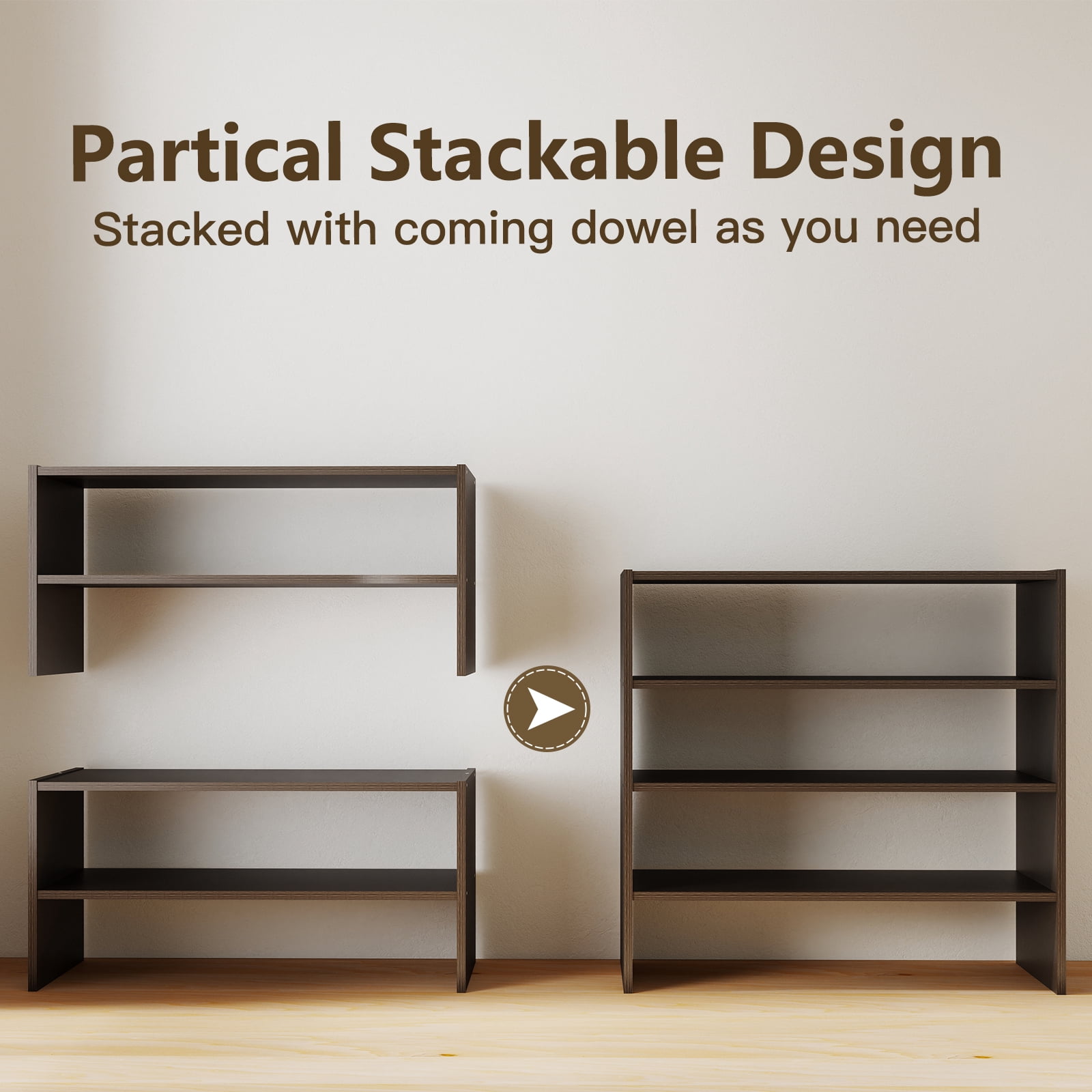 Prilinex Stackable 2-Tier Dark Wood Shoe Rack, 24" Small Wooden Shoe Rack for Closet & Entryway, Modular Shoe Organizer & Shoe Shelf for Small Spaces, Espresso