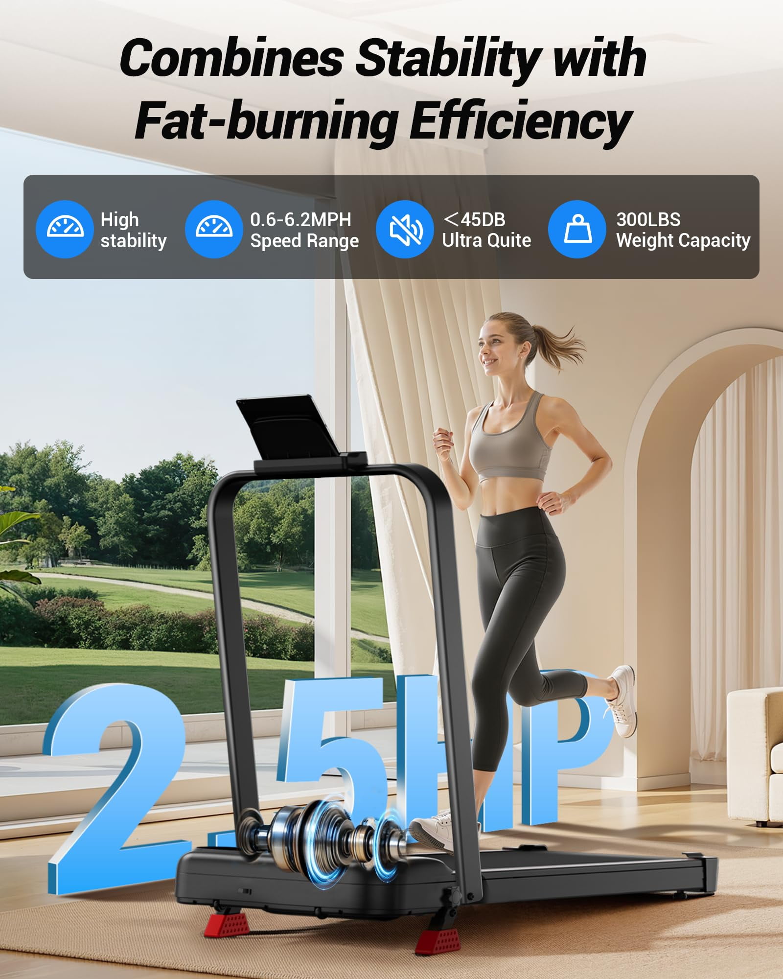 15% Incline Walking Pad Treadmill with Handle Bar - 2.5HP Quiet Folding Treadmill for Home Office Under Desk Portable Walking Pad with 300LBS Capacity