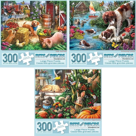 Bits And Pieces Set Of 3 300 Piece Jigsaw Puzzles For Adults Puppies By Larry Jones 18"X24"