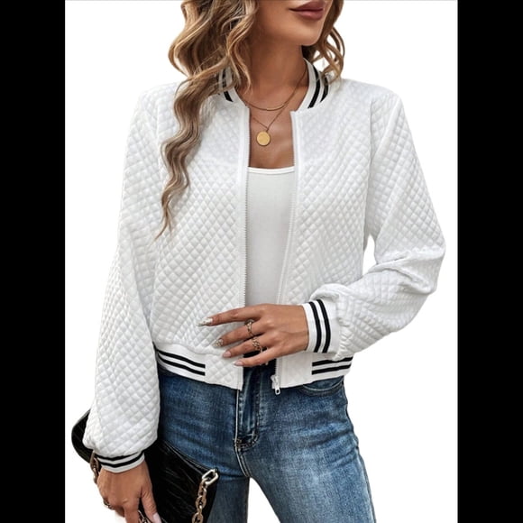 Chaquetas de Larga para Mujer, Tops, Chaqueta con Cremallera y Ribete de Rayas L
