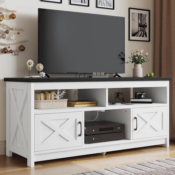 TV Stand for 65/55 Inch Television, Farmhouse Entertainment Center Television Stand with Power Outlets and Open Shelf, Media Console TV Cabinet for Living Room, White/Black