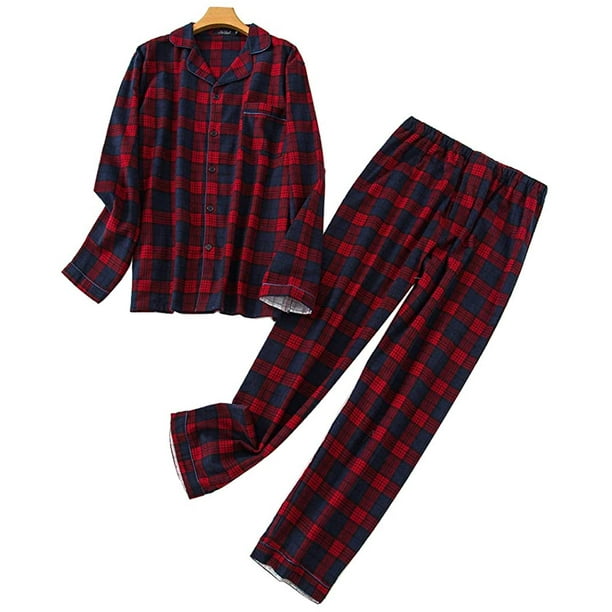 Funavi Men Cotton Pajamas Set Soft Flannel Plaid Long Sleeve Tops Pants Warm Sleepwear M Xl Other M Bust 45