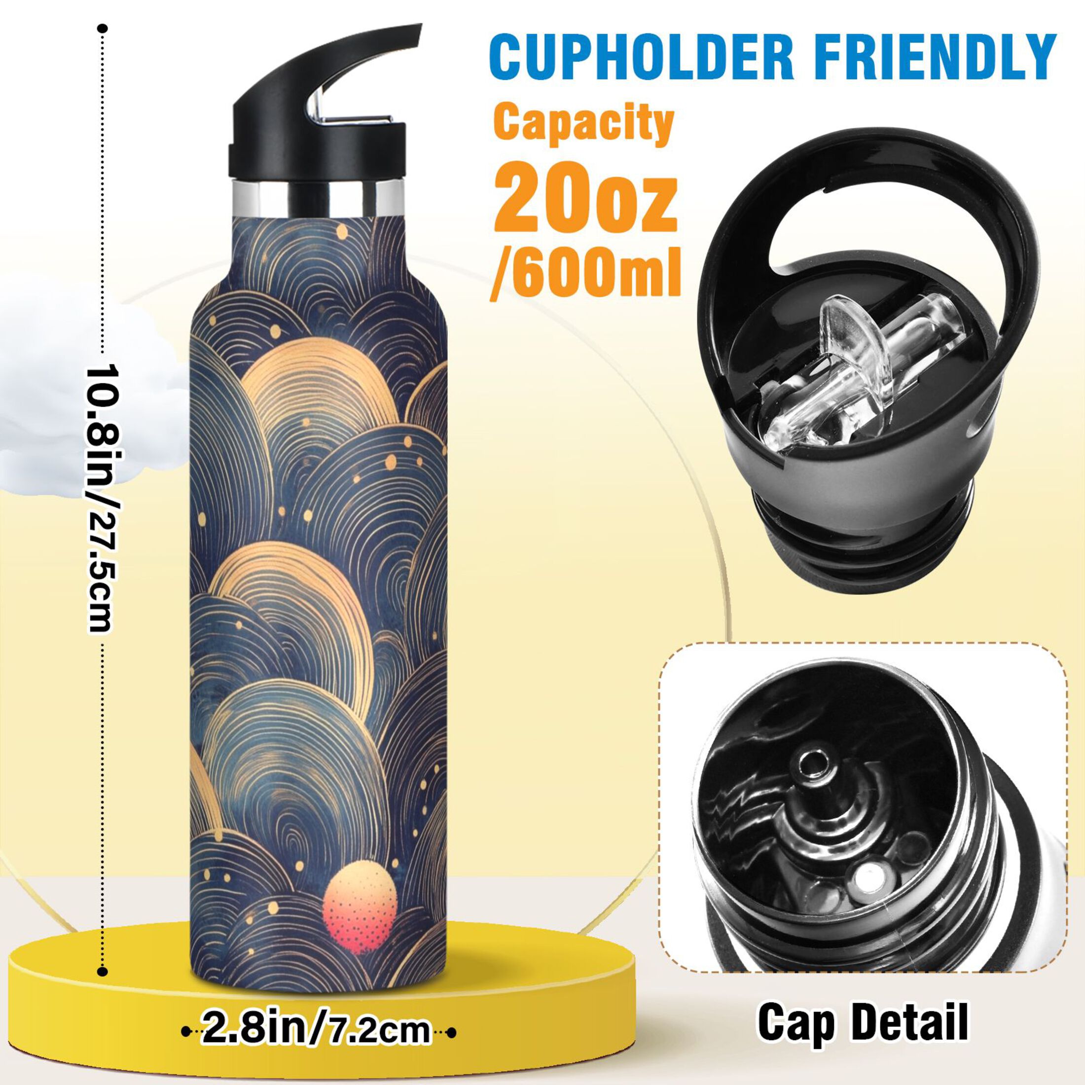 600ML Stainless Steel Insulated Cup Sports Water Bottle Portable Thermos Cup Water Glasses Insulated Tumblers Convenient and Durable Beautiful Pattern
