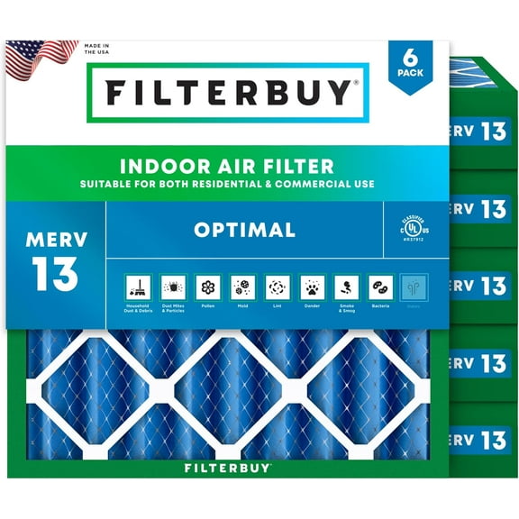 Filterbuy 15.25x15.25x4 Air Filter MERV 13 Smoke Defense, Pleated HVAC AC Furnace Filter Replacement, 6-Pack