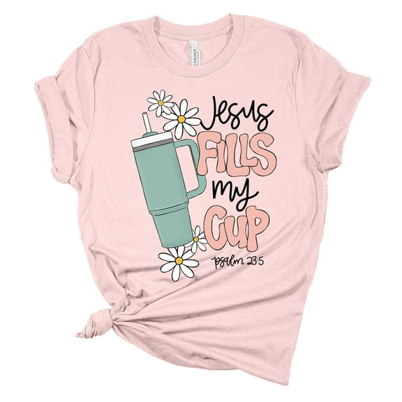 Womens Cup Tshirt Funny Jesus Fills My Cup Solid Tumbler Short Sleeve T-shirt-Soft Pink-small
