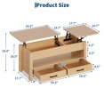 thumbnail image 2 of Table Basse à Plateau Relevable avec Rangement – Table Centrale de 47,2 Pouces, 2 Tiroirs, Compartiment Caché, Hauteur Réglable, Multifonctionnelle pour Salon/bureau à Domicile – Plateau en Bois – Couleur Bois Naturel, 2 of 8