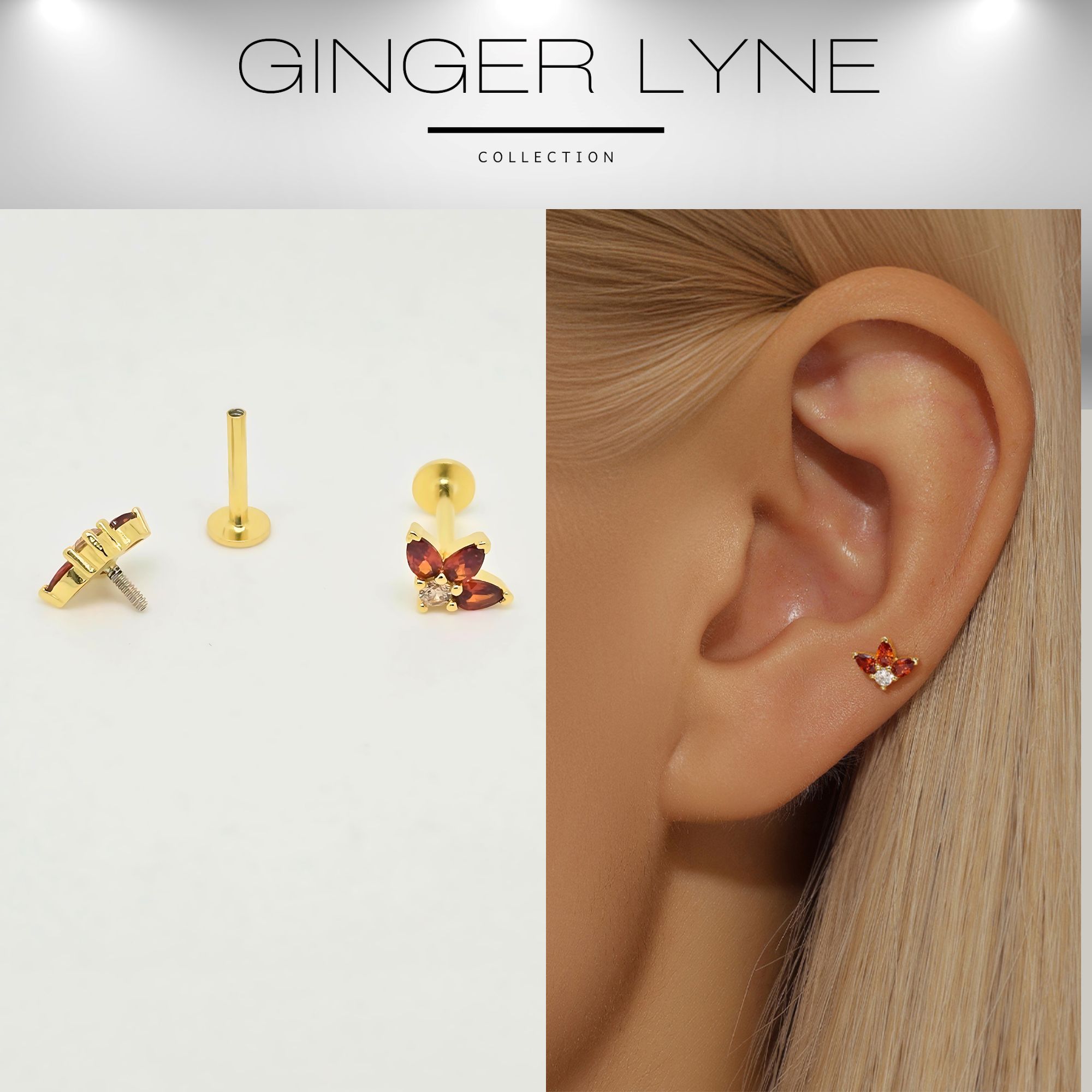 Pear Burnt Orange CZ Flat Back Earrings for Cartilage or Lobe Gold Plated Sterling Silver 1 pair by Ginger Lyne