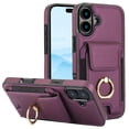 thumbnail image 2 of Premium PU Leather for iPhone 16 Card Slots Wallet Back Case, Classic with Ring Kickstand Magnetic Button Stylish Drop Protection Phone Case Cover for iPhone 16, Purple, 2 of 9