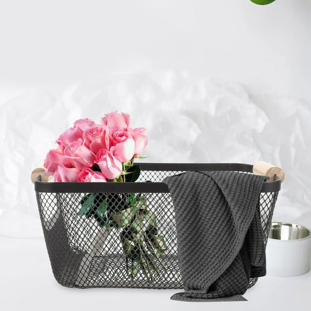 CTIRCHIU Wire Bread Basket Wire Storage Basket Black Wood Organization Kitchen Bathroom 1Pack