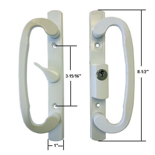 Sliding Glass Patio Door Handle Set, Mortise Type, A-Position, Centered Latch Lever, Keyed, White, 3-15/16" Screw Holes