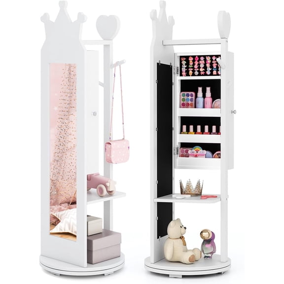 Neatifyes Kids Jewelry Armoire, 360° Swivel Jewelry Cabinet with Full Length Mirror & Garment Rack, Kids Vanity Dress Up Mirror with Jewelry Storage, 44” Standing Jewelry Organizer for Girls (White)