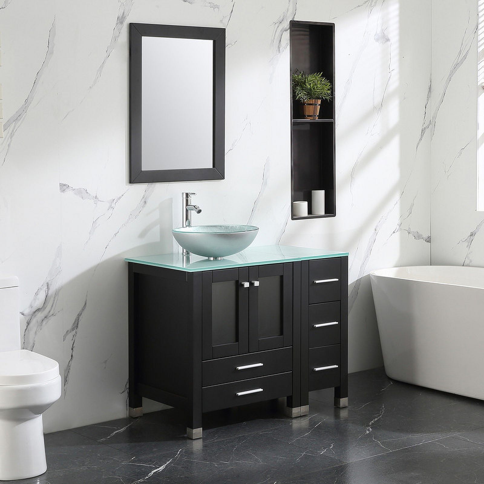 Walsport 36" Luxurious Bathroom Vanity and Sink Combo Cabinet with Silver Glass Vessel Sink and Faucet Pop Up Drain,Black