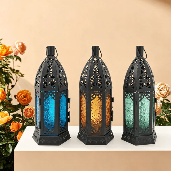 HIBIBUD Moroccan Lanterns Decorative Indoor&Outdoor, 11 Medium Size Vintage Metal Hanging&Tabletop Candle Holder Decor, Halloween Christmas Ramadan Decorations for Home Porch Patio (Amber)