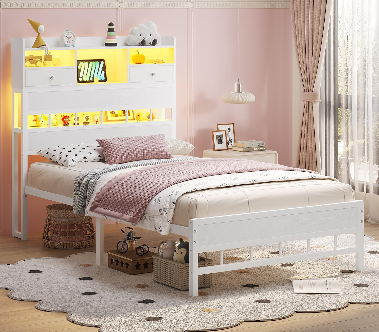 White Twin Bed Frames,with LED Light & Charging Station, Twin Size Bed Frame with Fabric Drawers and 5 Storage Shelves, Platform Bed Frames with Headboard ,No Box Spring Needed