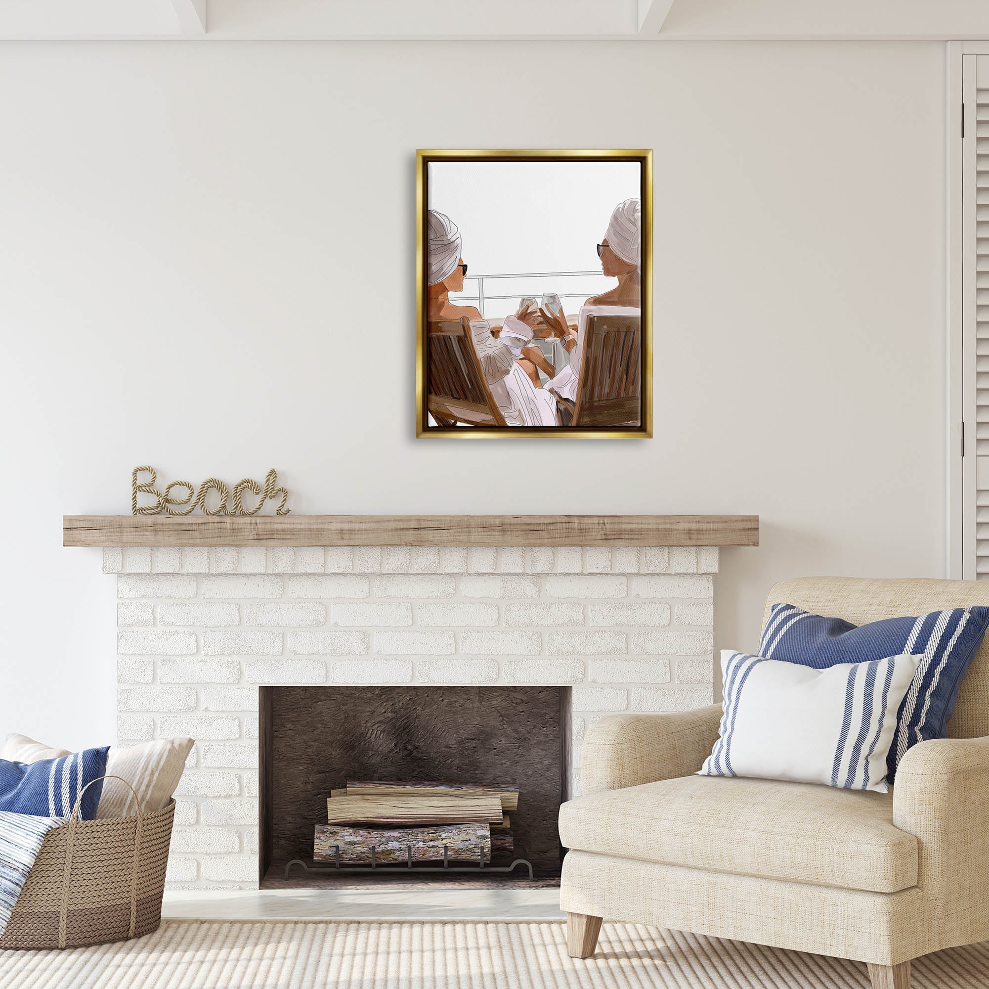 Stupell Industries Summer Friends Relaxing on Beach Coastal Painting Gold Floater Framed Art Print Wall Art