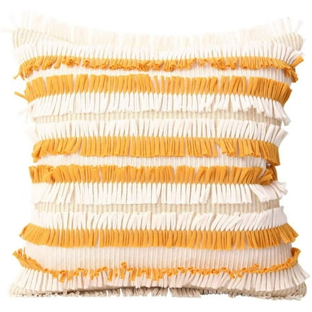 

16x16Beige Cushion Cover Tassels Fringe Grey Cotton Linen Pillow Cover for Sofa Bed Chair Home Decorative(Yellow)
