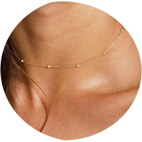 Gold Chain Necklace for Women, 14k Gold Plated Thin Beaded Wave Box Chain Necklace Dainty Gold Necklace Simple Layered Gold Choker Necklaces Minimalist Gold Link Chain Trendy Jewelry for Women