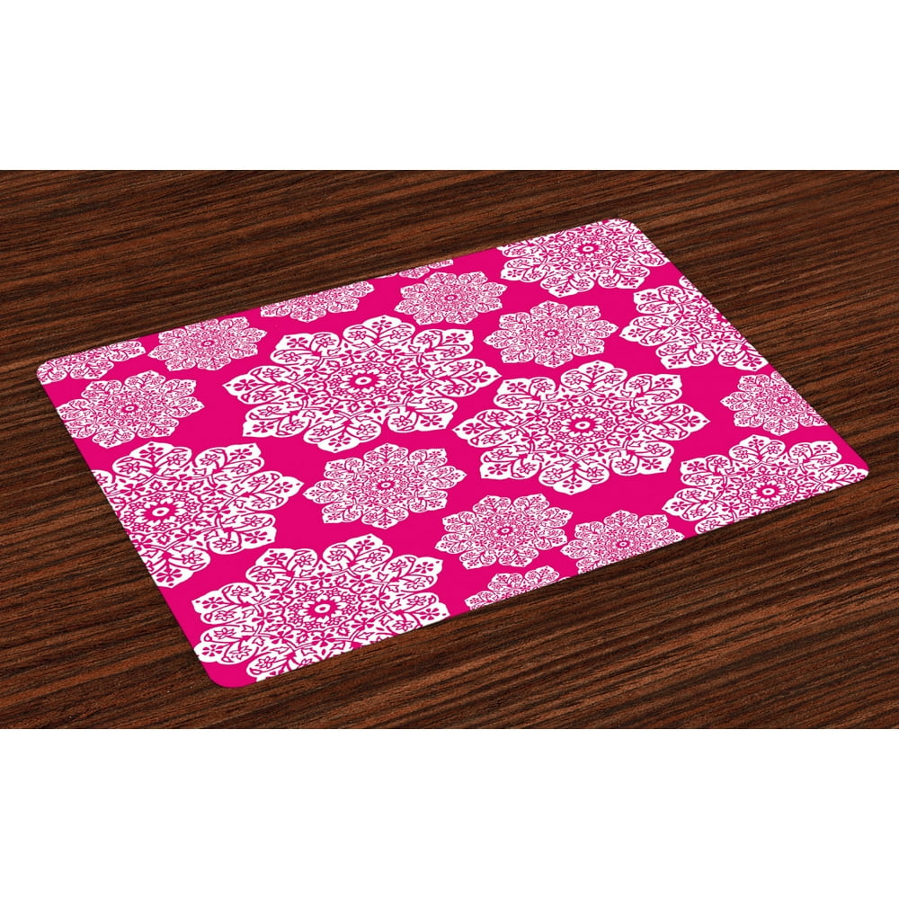 Hot Pink Placemats Set of 4 White Floral Design Ornate Mandala Inspired Round Motifs Traditional