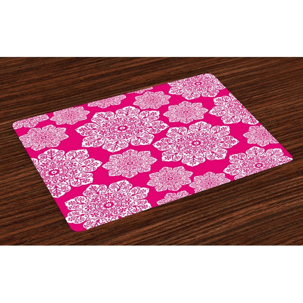 Hot Pink Placemats Set of 4 White Floral Design Ornate Mandala Inspired