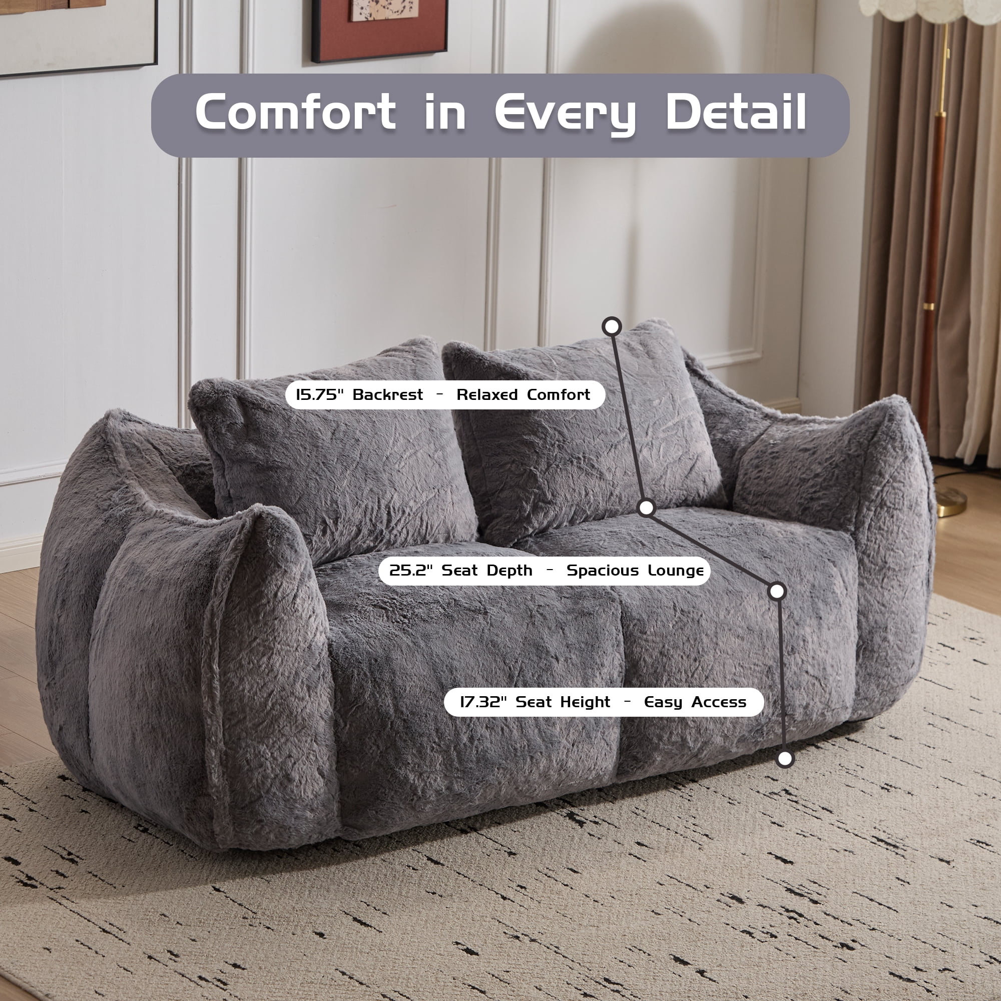 Aukfa Faux Fur Loveseat, 25" Deep Seat Giant Bean Bag Sofa for Living Room, White