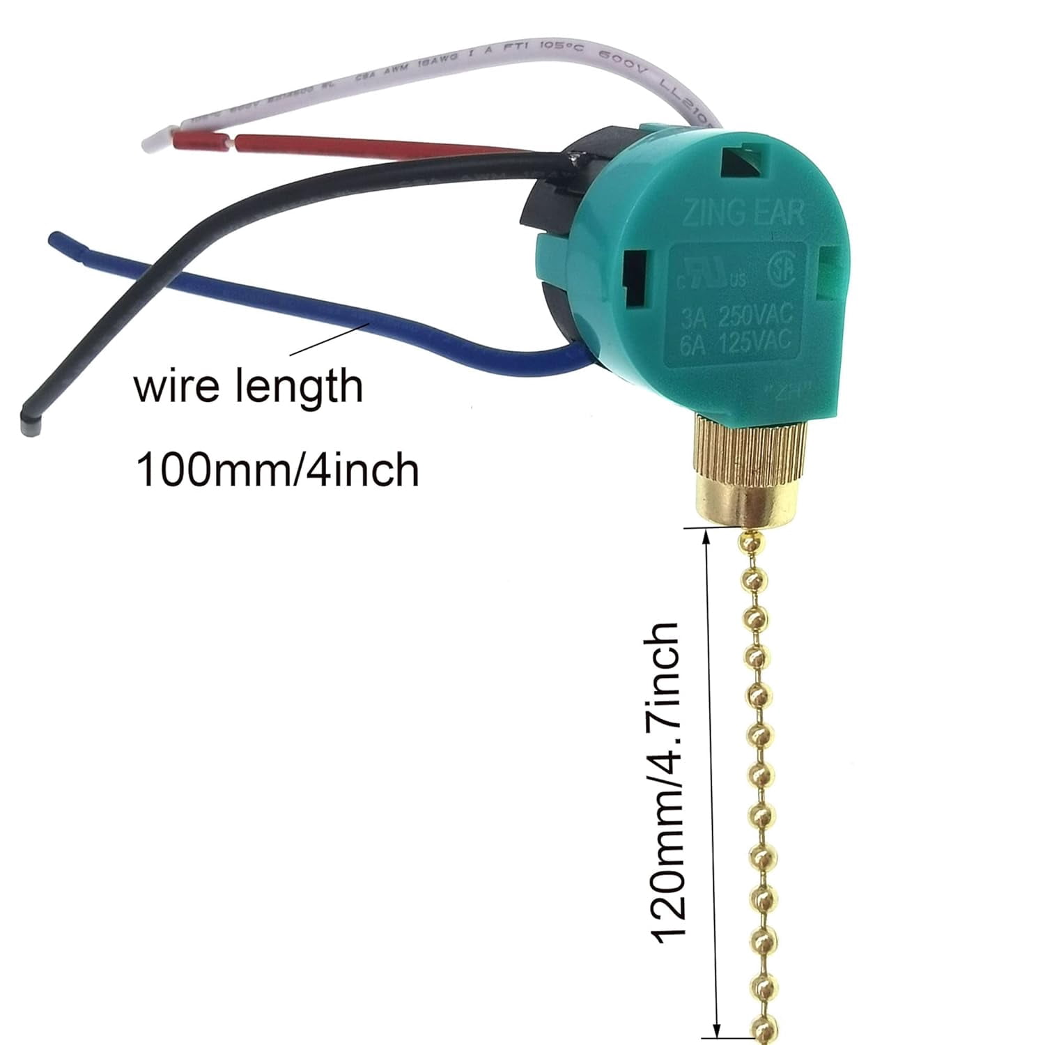 TWDRTDD Ceiling Fan Switch Zing Ear ZE-208S6,3 Speed 4 Wire Pull