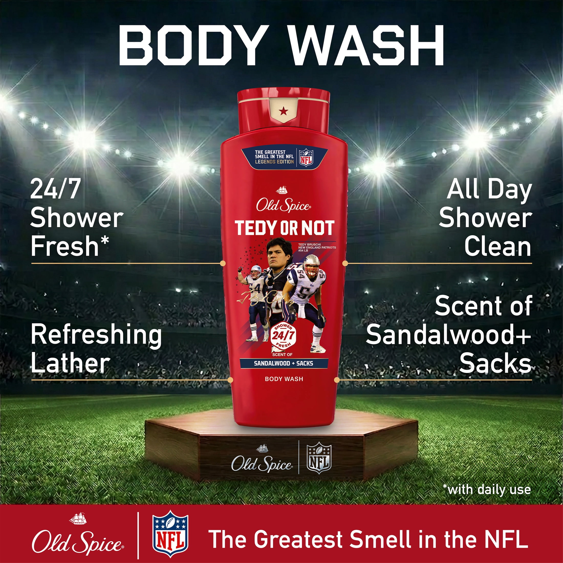 Old Spice Body Wash for Men, NFL Collection, Tedy Bruschi, Scent of Sandalwood + Sacks, 24 fl oz