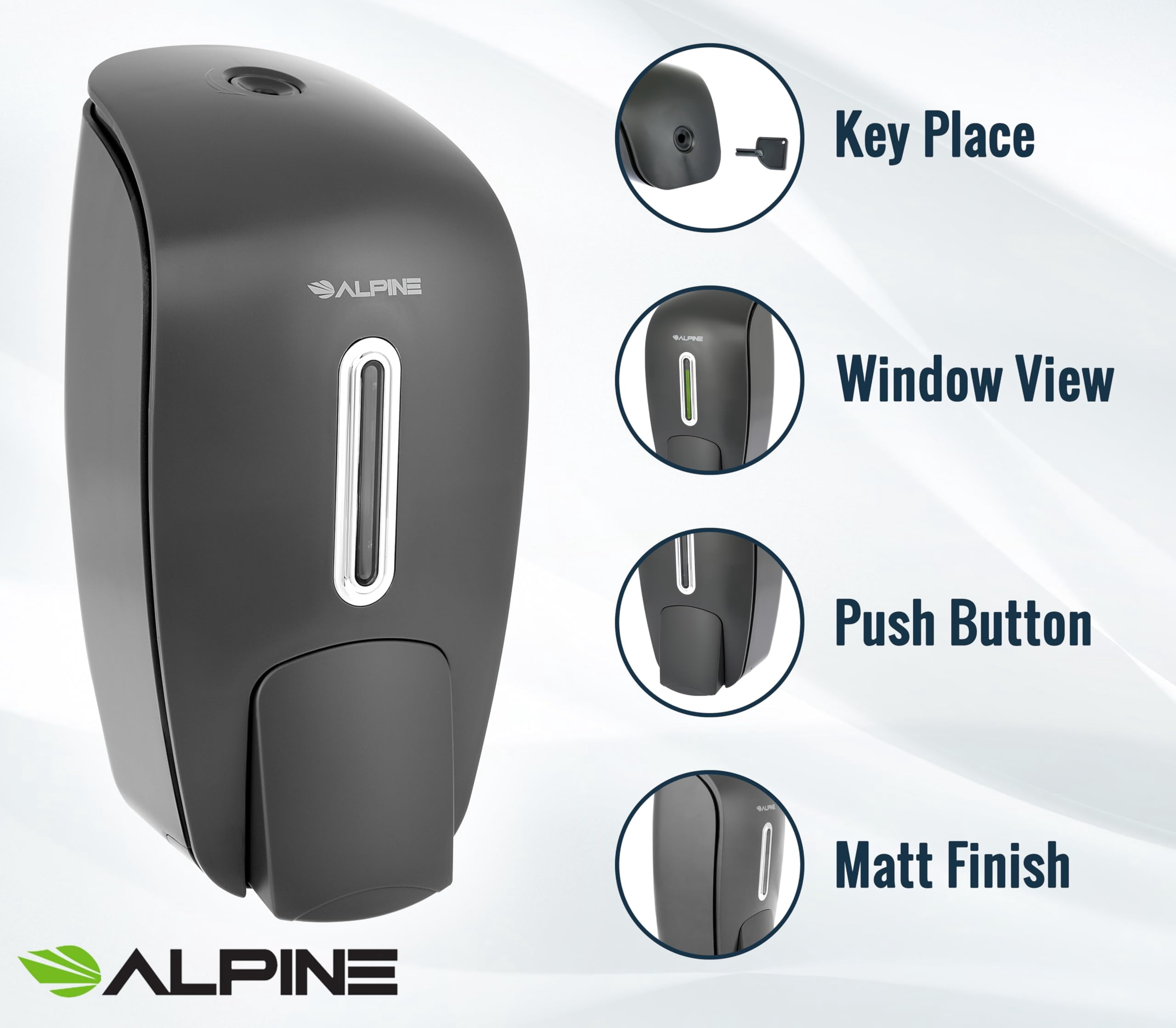 Alpine Manual Soap Dispenser Wall Mount - Commercial Soap Dispenser Wall Mounted for Liquid Soap & Hand Sanitizer Perfect for Bathroom, Kitchen, Refillable 800 ml Capacity (Grey)