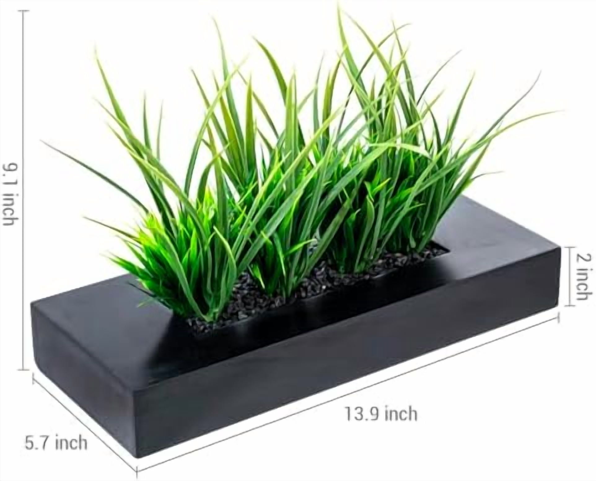 Large Artificial Green Grass Plants Potted in 14-Inch Matte Black Wood Decorative Planter, Tabletop Faux Greenery in Wooden Rectangular Pot Centerpiece Décor