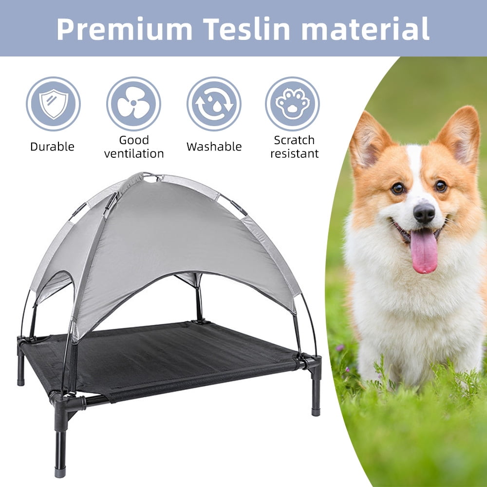 Outdoor Elevated Dog Bed with Canopy, 30x24inch Waterproof Raised Pet Bed with Breathable Mesh Portable Dog Cot for Camping, Backyard, Travel