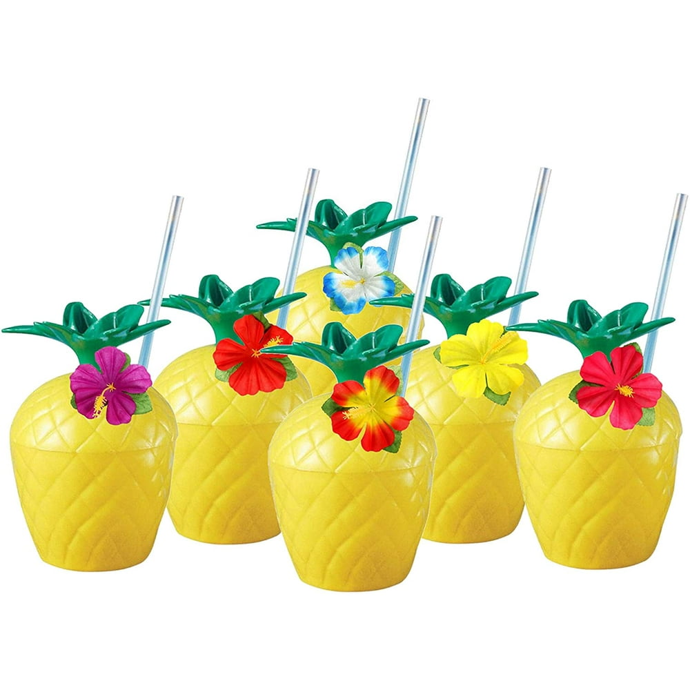PMU Hawaii Party Plastic Pineapple Drink Luau Cup with Hibiscus Flower