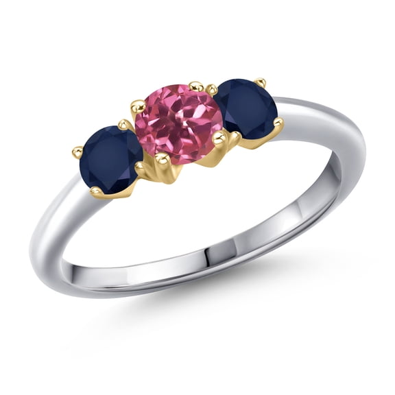 Gem Stone King 10K Two Tone Gold Pink Tourmaline and Blue Sapphire Engagement Ring for Women | 1.22 Cttw | Round 5MM | Gemstone October Birthstone | Size 7